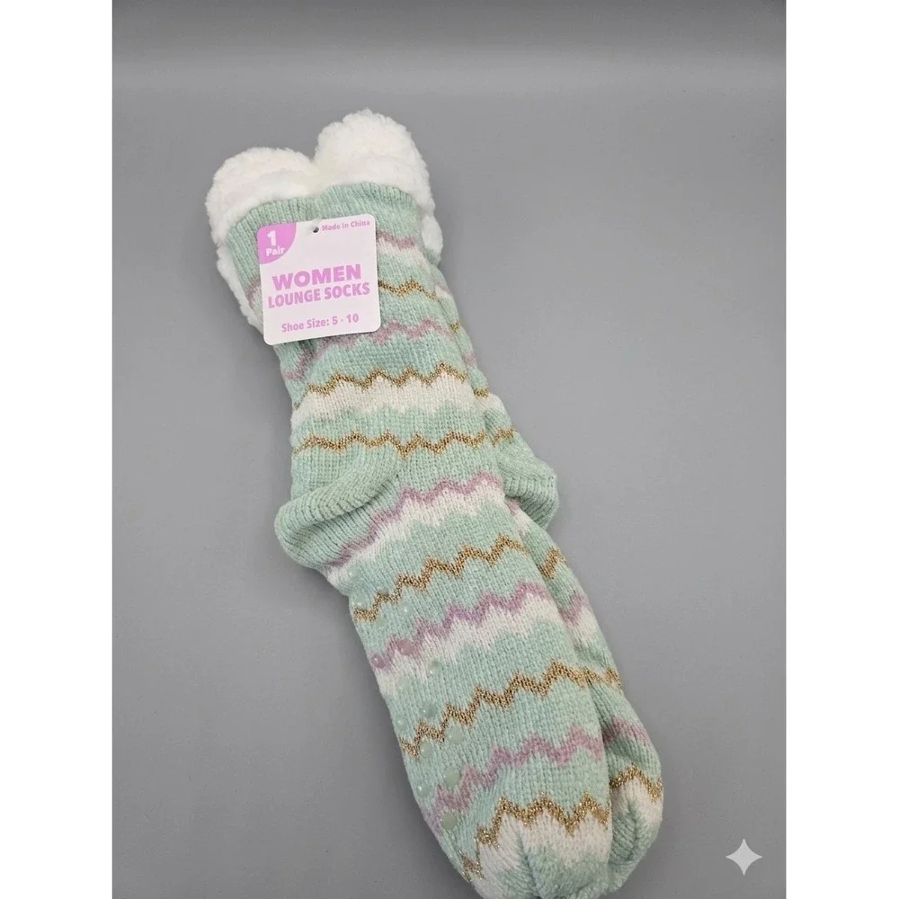 Women's Lounge Socks Chevron Mint‎ Green Non-Slip Grip 1 Pair Size 5-10